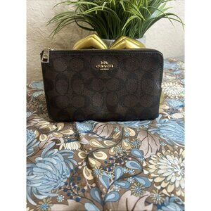 COACH Double Corner Zip Around Wallet Pouch Brown Black Signature Coated Canvas